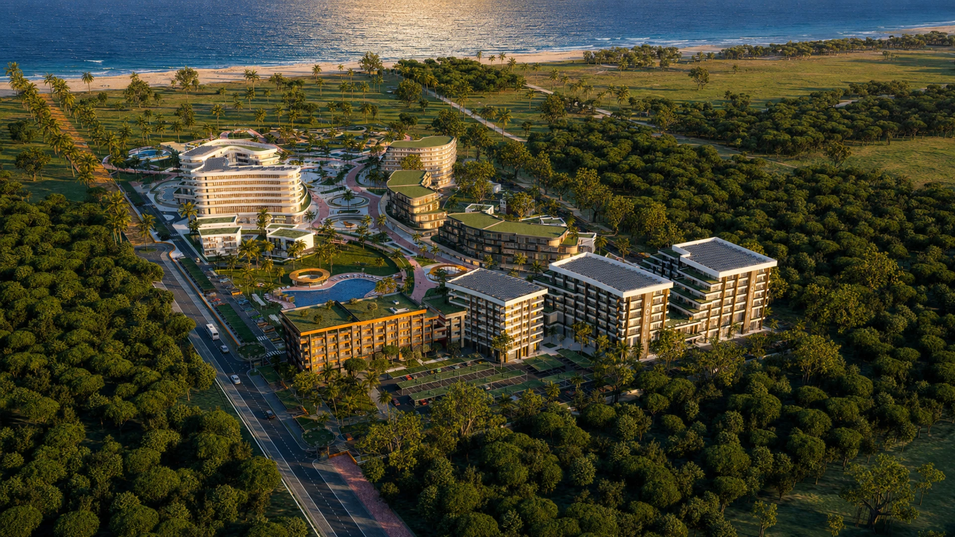 Aerial view of the five Faro Dell Adriatico buildings