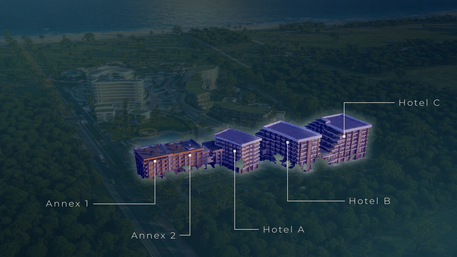 Faro Dell Adriatico building selector showing Annex 1, Annex 2, Hotel A, Hotel B, and Hotel C